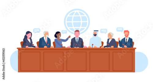 Politicians and corporate officials negotiate around common table. International deal. Multiethnic people group. Professional discussion. Political conference presidium. Vector concept