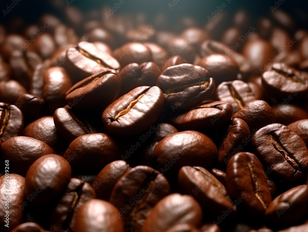 Roasted coffee beans texture. Close up background. Ai Generative illustration. Roasted coffee beans texture. Close up background. Ai Generative illustration.