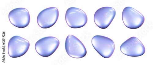 3d holographic liquid shape, iridescent chrome fluid bubble set isolated on white background. Render of abstract holographic metal blob with rainbow gradient effect. 3d vector geometric illustration