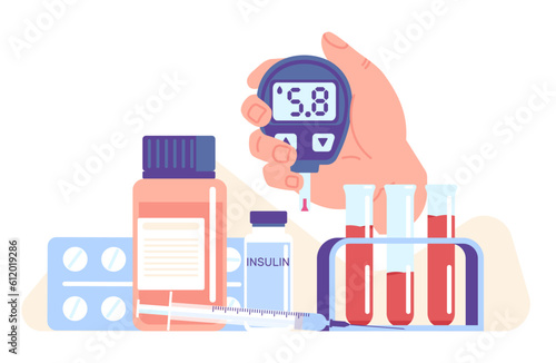 Right diabetes equipment. Glucometer device. Insulin injection. Glucose meter. Health care. Hyperglycemia illness. Pills blister and bottle. Test tube. Medical treatment. Vector concept