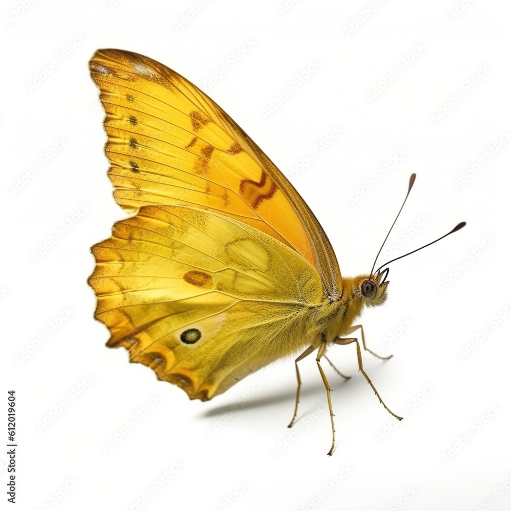 Fototapeta premium Yellow butterfly melitaea persea on a white isolated background. Generation of AI