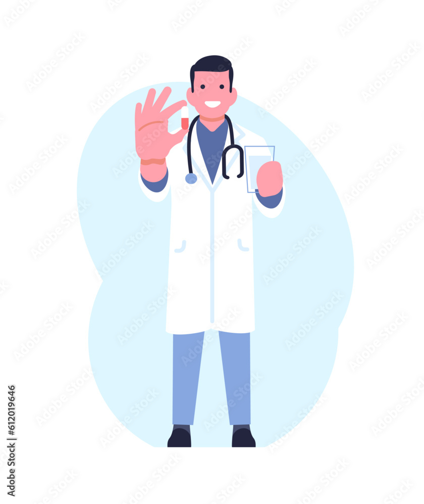 Young male doctor offers to take pills. Medical specialist holding remedy. Physician and pharmacist. Medication capsule. Pharmaceutical treatment. Prescription drugs. Vector concept Young male doctor offers to take pills. Medical specialist holding remedy. Physician and pharmacist. Medication capsule. Pharmaceutical treatment. Prescription drugs. Vector concept
