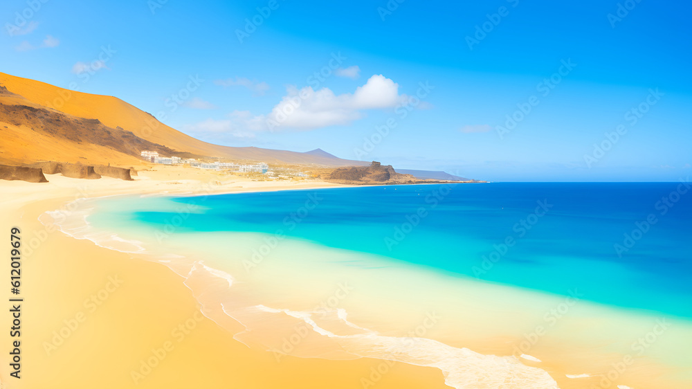 The sea and sandy beach in sunny weather on the Canary Islands, Spain, is an ideal place to relax. Generation AI