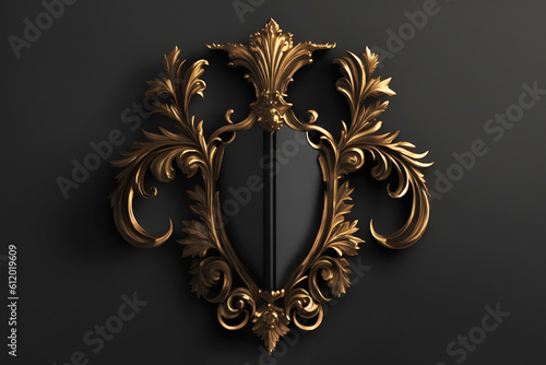 Luxurious golden ornament with floral elements around the shield on a black background in Baroque style. AI generation