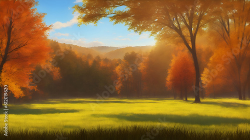 Autumn landscape with a clearing in the forest and picturesque trees on a sunny day. AI generation