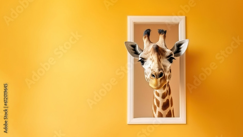 Laughing giraffe looking through the window of a house, concept of curiosity and interest, copy space, AI generation