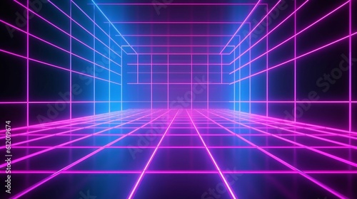 3d render  abstract neon background  virtual reality space  pink blue grid in ultraviolet spectrum  chart field  frontal perspective view  Generative AI