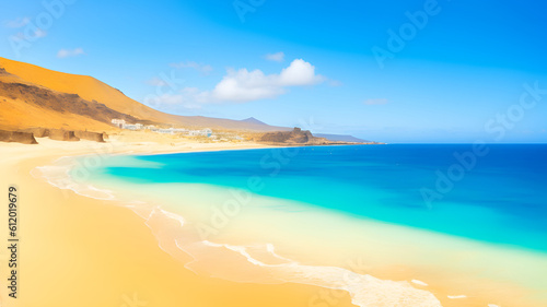 The sea and sandy beach in sunny weather on the Canary Islands, Spain, is an ideal place to relax. Generation AI