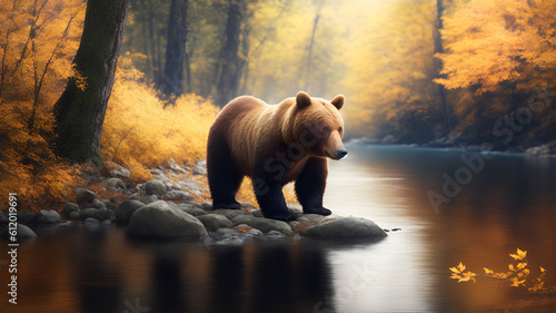 Big brown bear in the forest near the river, AI generation