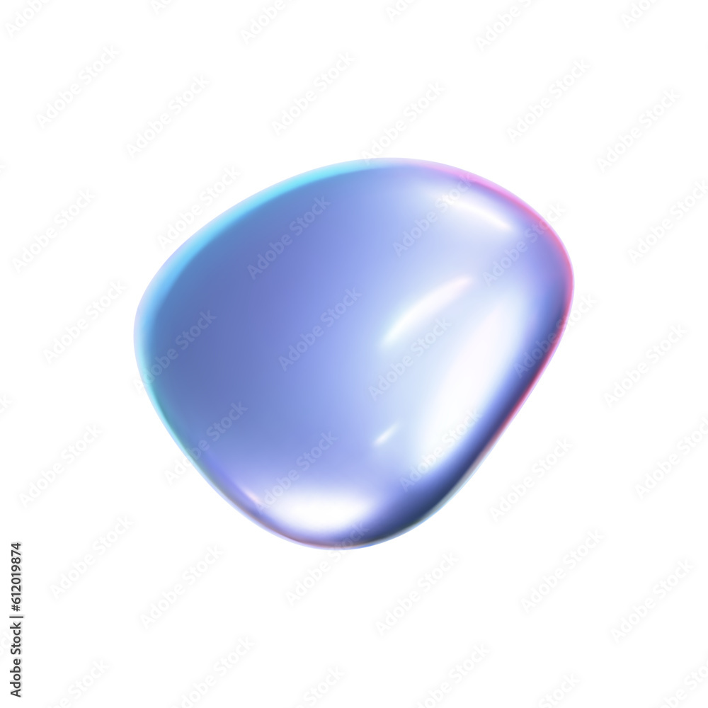 Obraz premium 3d holographic liquid shape, iridescent chrome fluid bubble isolated on white background. Render of abstract holographic metal blob with rainbow gradient effect. 3d vector geometric illustration