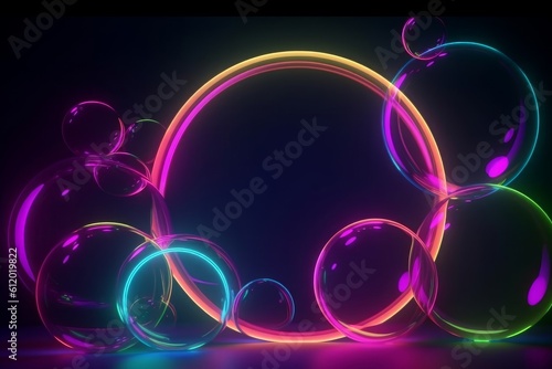 3d render  abstract colorful neon background with round frame and glass balls. Glowing geometric shape and clear bubbles  Generative AI