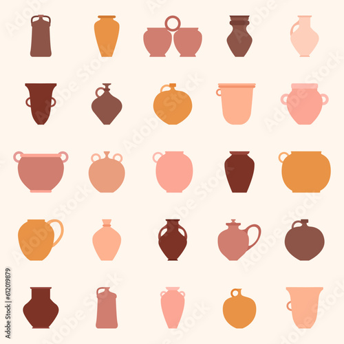 Clay pots set. Vector flat silhouette illustration pottery. Simple icons of ceramic pots . Clay vases, bowls, jars made on potter's wheel. Traditional Ukrainian dishes