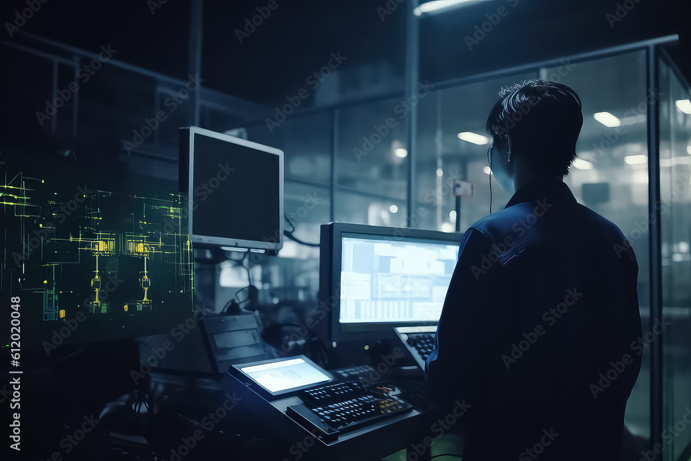 Engineer working on desktop computer, screen showing software, AI