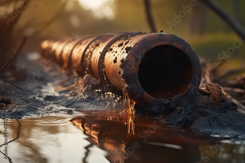 Pollution drain flowing stream clse up. AI photo