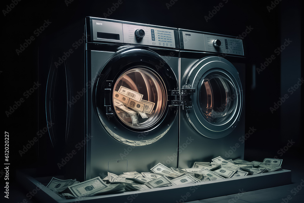 Φωτογραφία close up of pile of dirty money placed in washing machine, AI