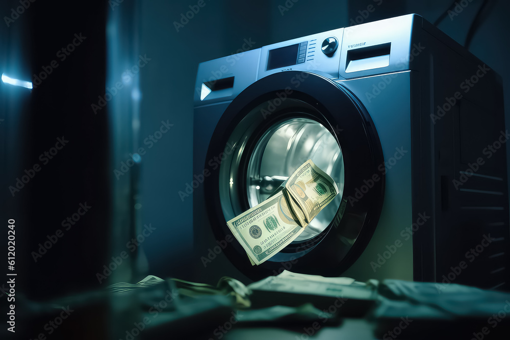 close up of pile of dirty money placed in washing machine, AI - obrazy, fototapety, plakaty 