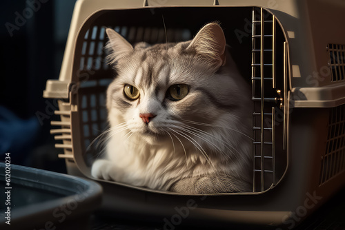 Pet carrier in the car on the seat, safe transportation of Pets. AI