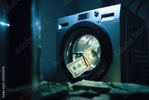 close up of pile of dirty money placed in washing machine, AI