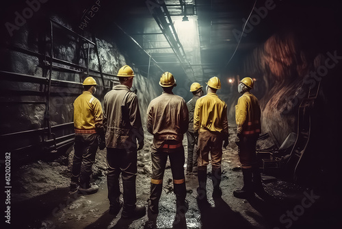 Miners in an underground mine, coal industry. AI