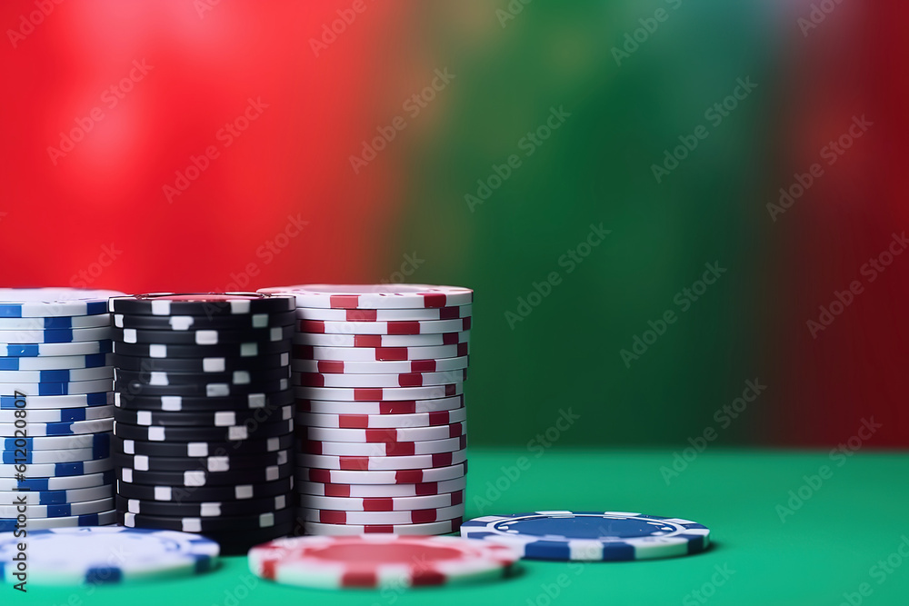 Casino tokens or casino poker chips on green table, blur background. Generative AI Casino tokens or casino poker chips on green table, blur background. Generative AI