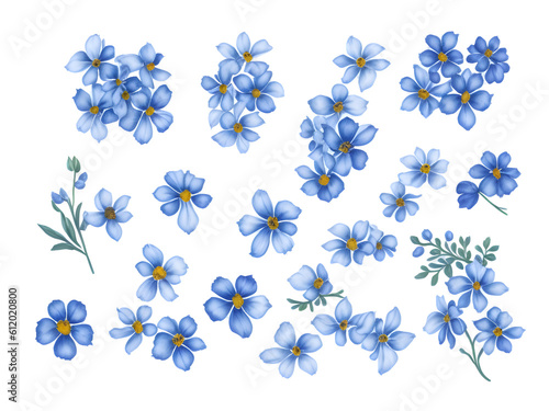 set of watercolor forget not me flower elements on transparent background,generative ai