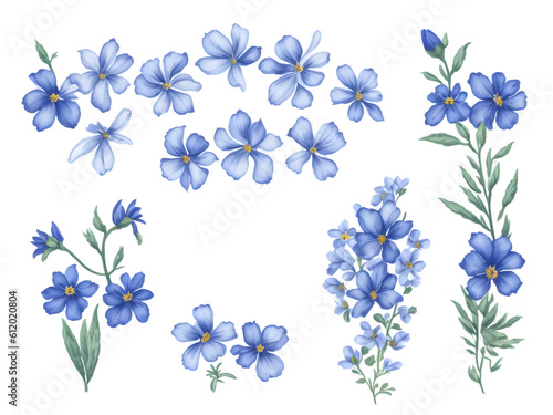 set of watercolor forget not me flower elements on transparent background,generative ai