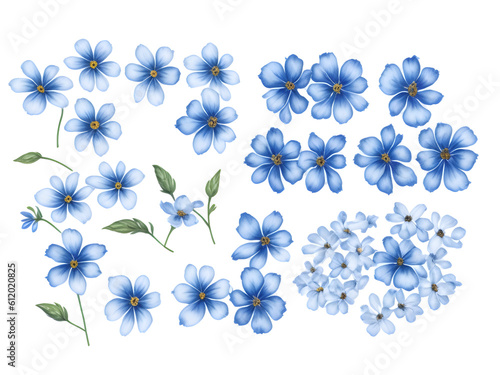 set of watercolor forget not me flower elements on transparent background,generative ai