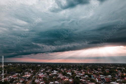 storm clouds and hurricane in the sky over the city