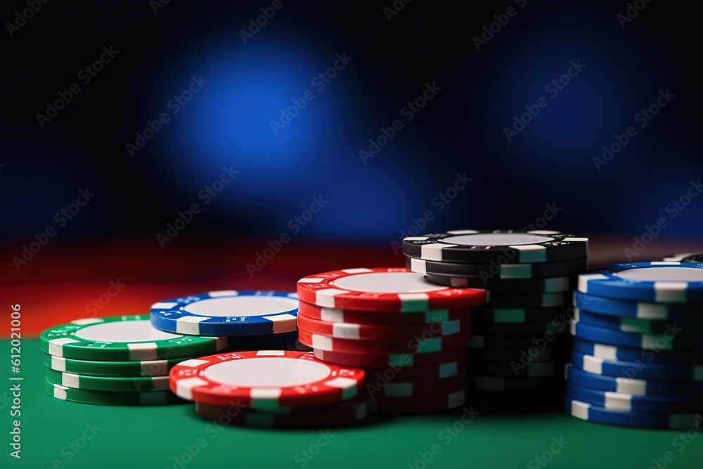 Casino tokens or casino poker chips on green table, blur background. Generative AI Casino tokens or casino poker chips on green table, blur background. Generative AI