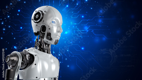 Robot are assistant  for provide access to data growth of business in online network, Robot application and global connection, AI, Artificial intelligence.
