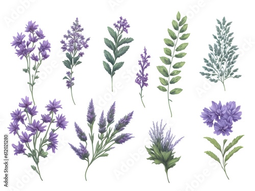 set of watercolor  Verbenaceae flower elements on transparent background generative ai