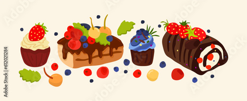 Cakes and berries. Yummy vector set of various colorful and tasty bisquits with cream, chocolate and berries.