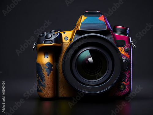 Abstract and colorful DSLR camera on black background. ai generative photo