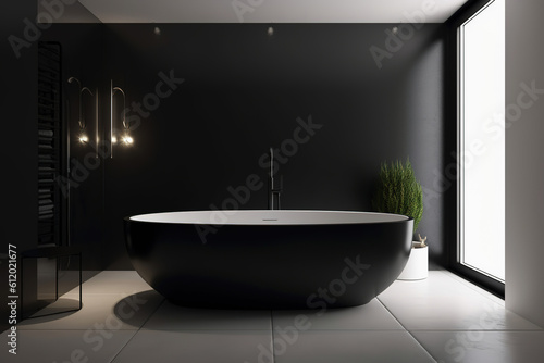 Luxury bathroom with window. Modern big black bathtub and concrete tiles. Generative AI