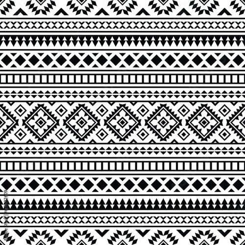 Geometric tribal ornament design with seamless pattern. Ethnic Aztec Navajo style. Black and white colors. Design for textile, fabric, clothing, curtain, rug, batik, ornament, background, wrapping.