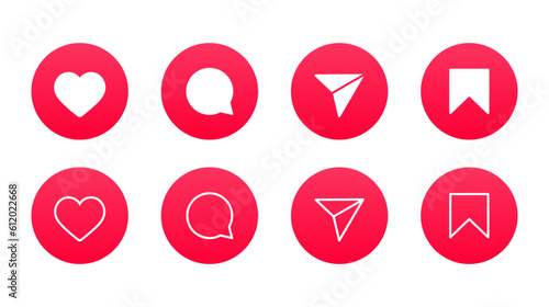 Like icon, comment, share, save icon button. social media notification icons , love, heart, forward, bookmark, favorite icon signs - social network post reactions collection set. vector illustration