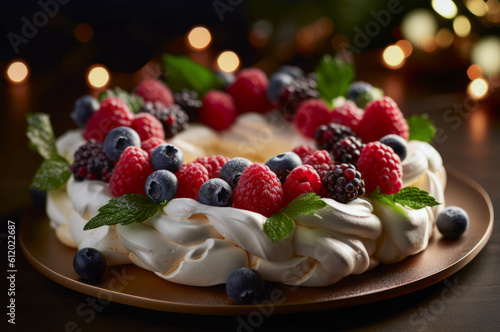 Christmas Wreath Pavlova dessert adorned with a raspberries, blueberries, blackberries and mint arranged on top. Generative AI 