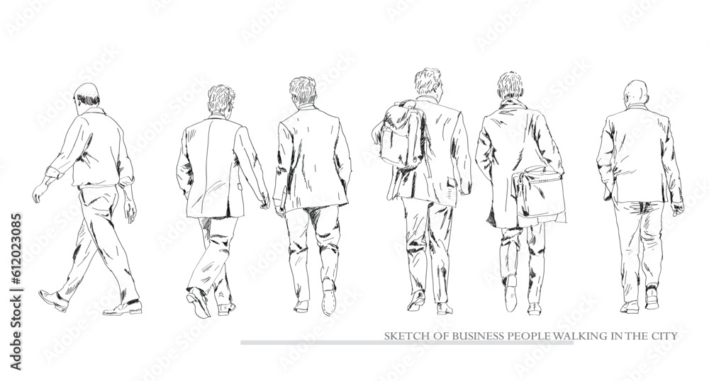 Business people walking in the city, sketch. Back view. People in suits Silhouettes for your project Business people walking in the city, sketch. Back view. People in suits Silhouettes for your project