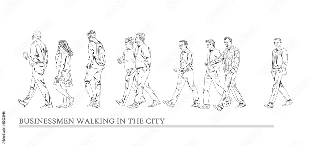 Business people walking in the city, sketch. Side view. People in suits Silhouettes for your project