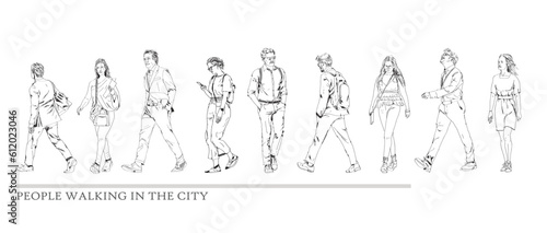 Business people walking in the city, sketch. Side view. People in suits Silhouettes for your project
