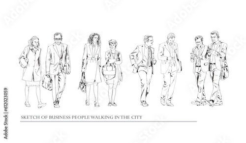 Business people walking in the city, sketch. Front view. People in suits Silhouettes for your project