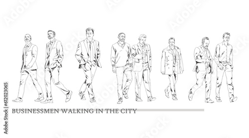 Business people walking in the city, sketch. Front view. People in suits Silhouettes for your project