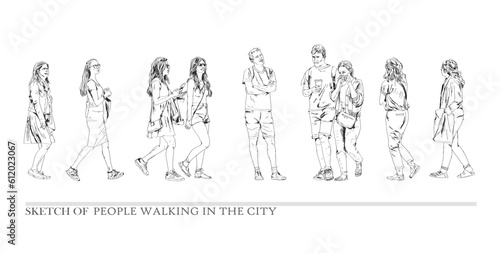 Business people walking in the city, sketch. Front view. People in suits Silhouettes for your project