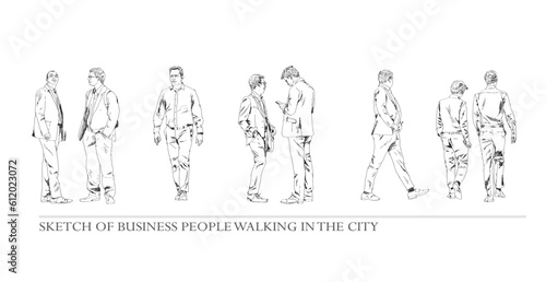 Business people walking in the city, sketch. Side view. People in suits Silhouettes for your project