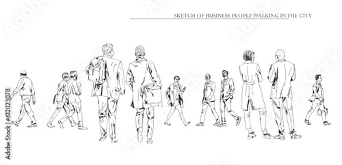Business people walking in the city, sketch. Back view. People in suits Silhouettes for your project