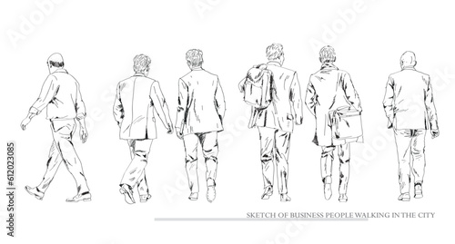 Business people walking in the city, sketch. Back view. People in suits Silhouettes for your project