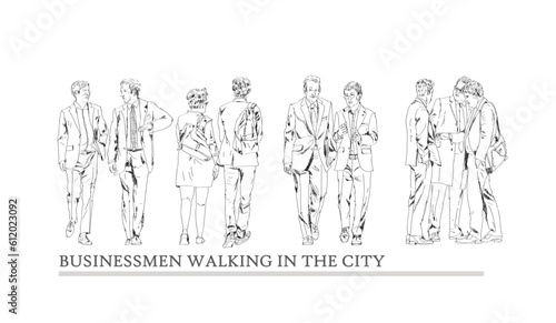 Business people walking in the city, sketch. Front view. People in suits Silhouettes for your project