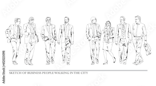 Business people walking in the city, sketch. Front view. People in suits Silhouettes for your project
