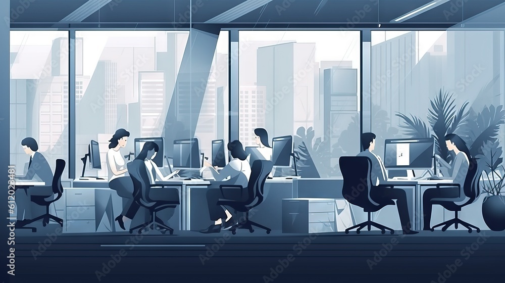 Business people working in office, computers, illustration, AI Business people working in office, computers, illustration, AI