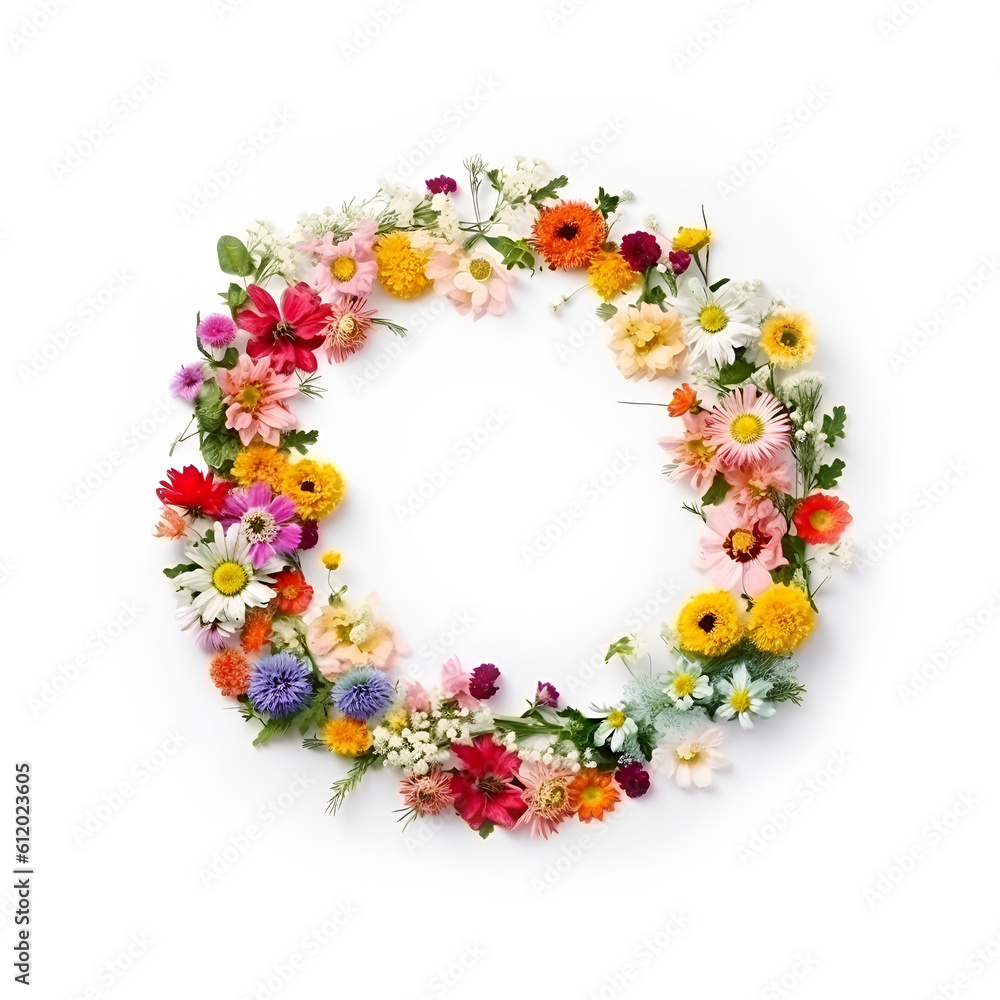 Top view of floral wreath made of beautiful colorful flowers on white. AI generated Top view of floral wreath made of beautiful colorful flowers on white. AI generated